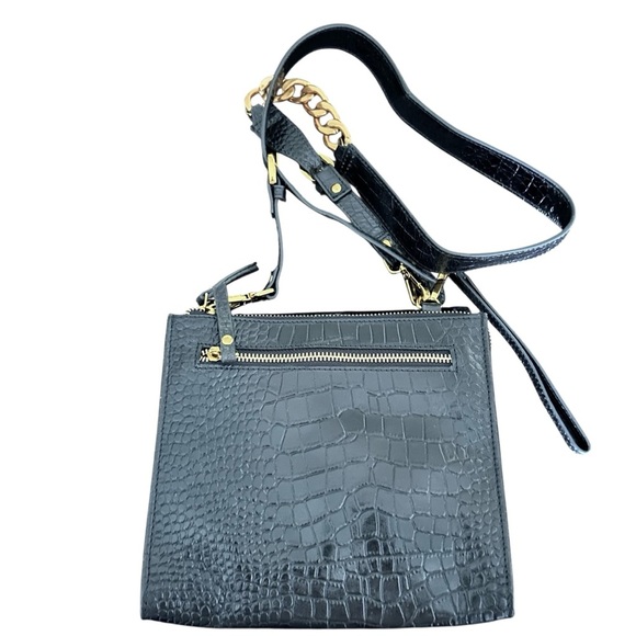 Sharif Croc-Embossed Black Leather Crossbody Bag with Gold Tiger Clasp - Picture 2 of 6